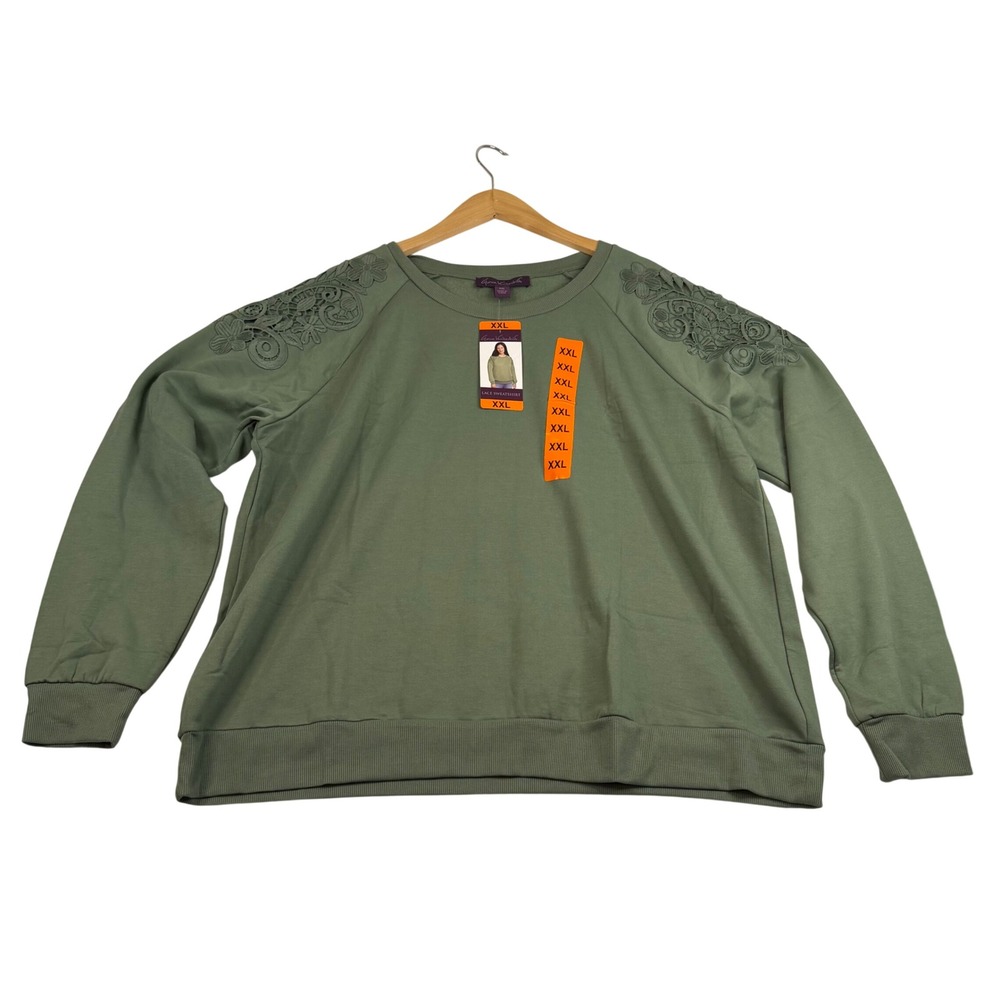 Gloria Vanderbilt Womens XXL Lace Shoulder Sweatshirt Sage Green Embroidered New